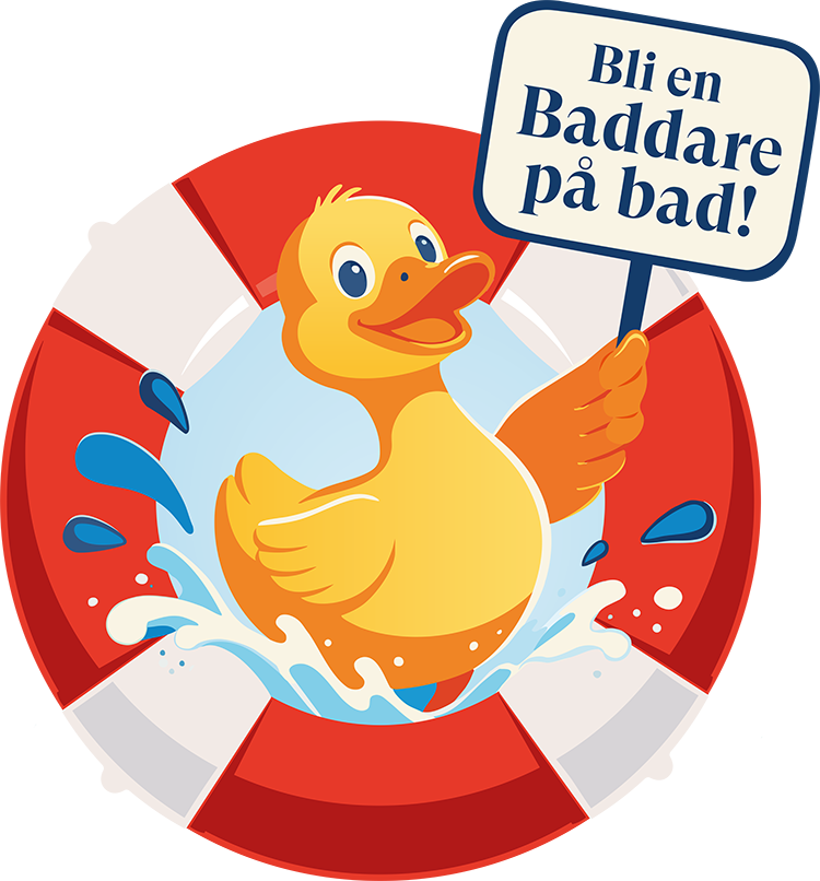 Illustration med en anka i en livboj som håller en skylt med texten, bli en baddare på bad